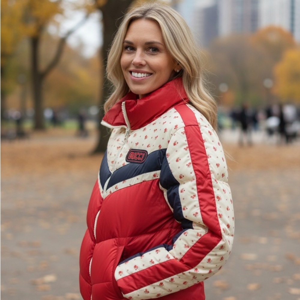💋GUCCI Red Floral Stripe Padded Down Puffer‎ Bomber Jacket 002